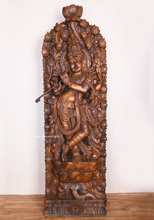 Stunning Jali Work Of Lord Krishna Playing With Flute on Flower Lotus Decorative Wooden Wall Mount 47"