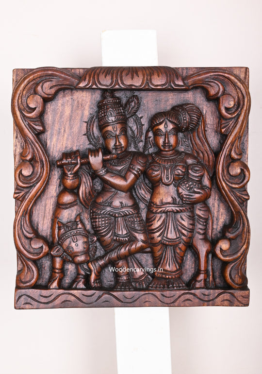 Square Flute Krishna With Beautiful Radha Floral Design Light Weight Wooden Wax Brown Wall Mount 12"