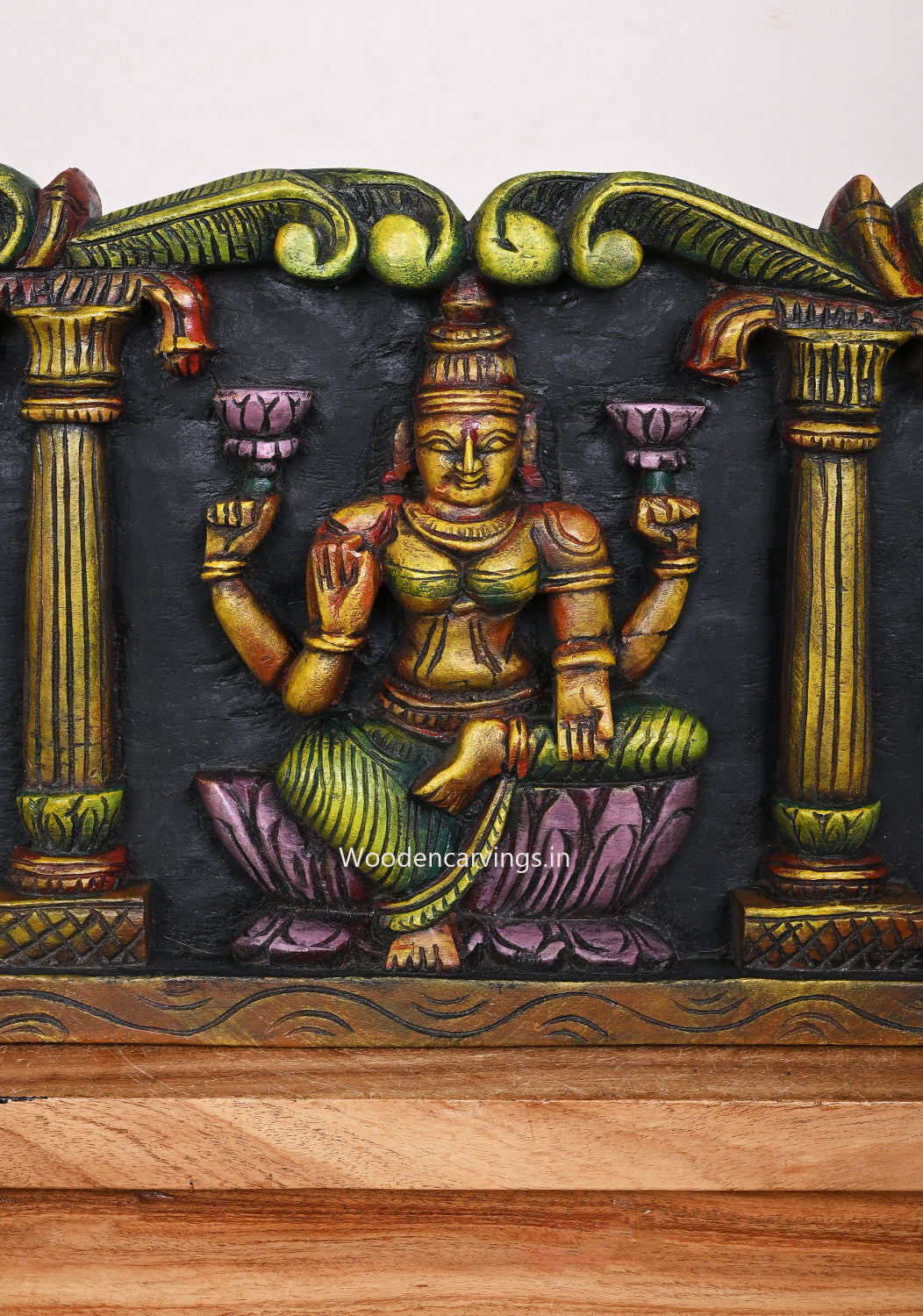 Mandap Design Gaja Lakshmi With Chanku Nama Chakra Wooden Coloured Horizontal Panel 47"