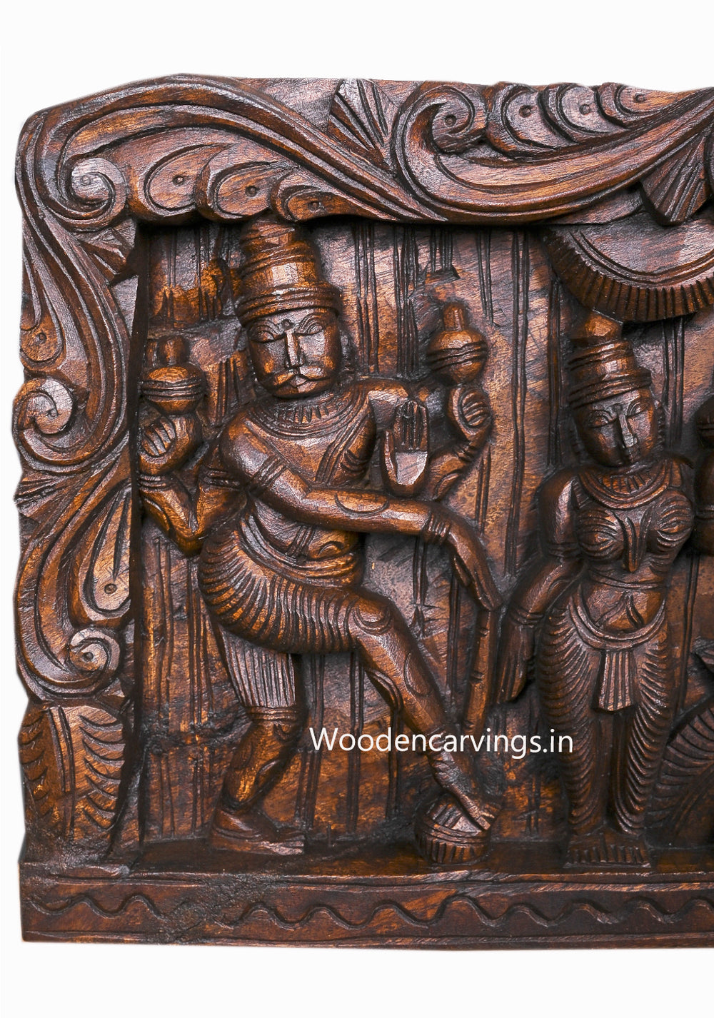 Shree Bakasura Krishna, Dancing on Demon Five Head Snake Kaliya Marthana Wooden Horizontal Panel 48"