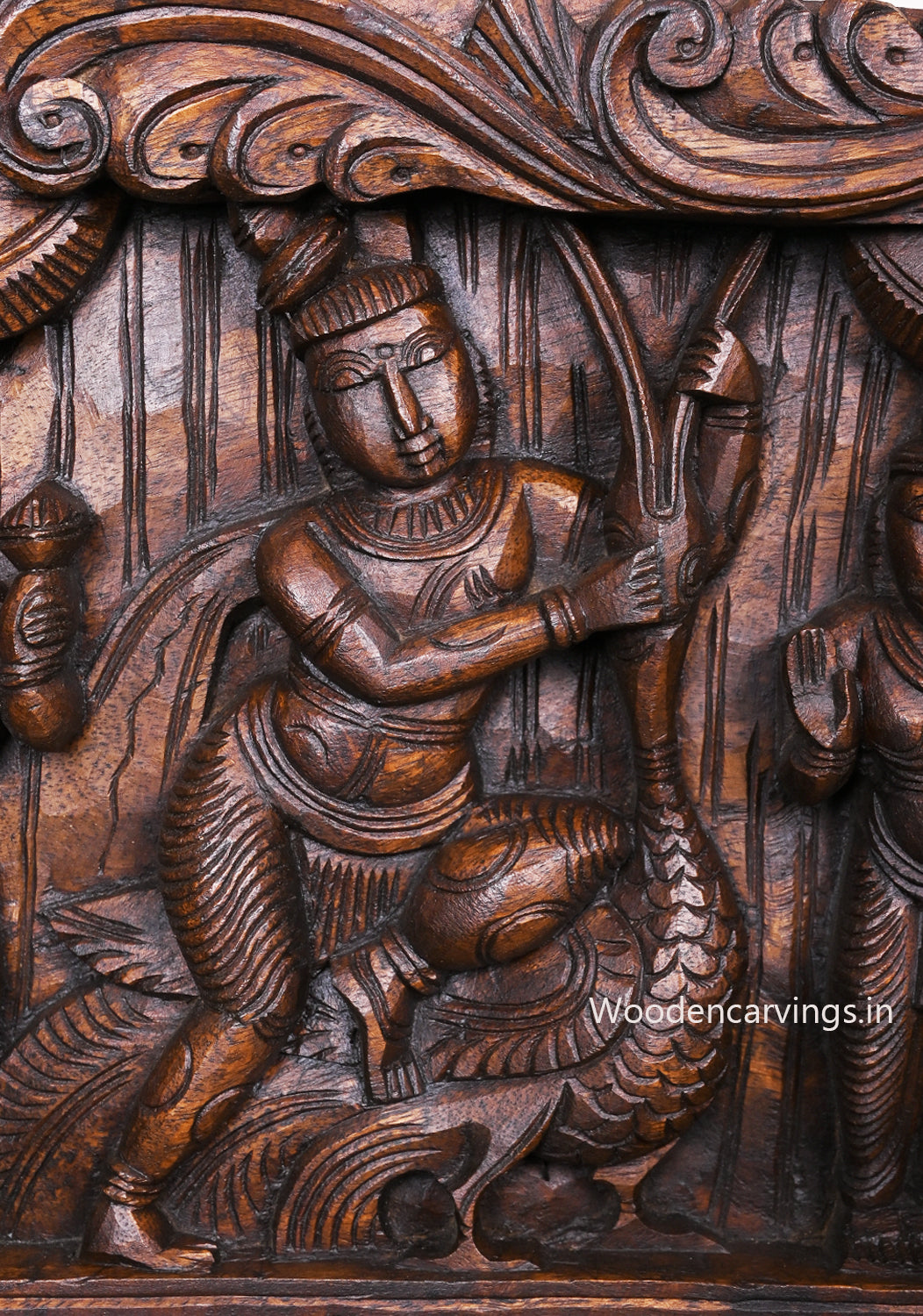 Shree Bakasura Krishna, Dancing on Demon Five Head Snake Kaliya Marthana Wooden Horizontal Panel 48"