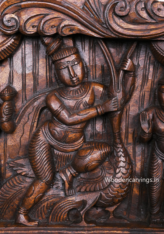 Shree Bakasura Krishna, Dancing on Demon Five Head Snake Kaliya Marthana Wooden Horizontal Panel 48"