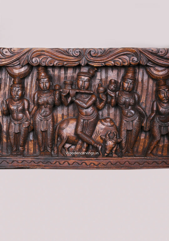 Shree Bakasura Krishna, Dancing on Demon Five Head Snake Kaliya Marthana Wooden Horizontal Panel 48"