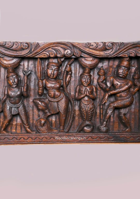 Shree Bakasura Krishna, Dancing on Demon Five Head Snake Kaliya Marthana Wooden Horizontal Panel 48"