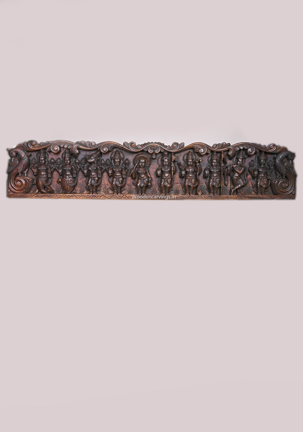 Shree Vishnu Powerful Ten Dasavatars With Standing Bird Hamsa Horizontal Wooden Wax Brown Wall Panel 59"