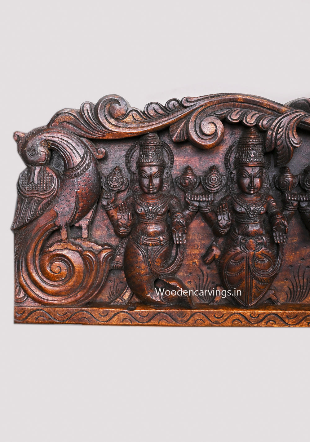 Shree Vishnu Powerful Ten Dasavatars With Standing Bird Hamsa Horizontal Wooden Wax Brown Wall Panel 59"