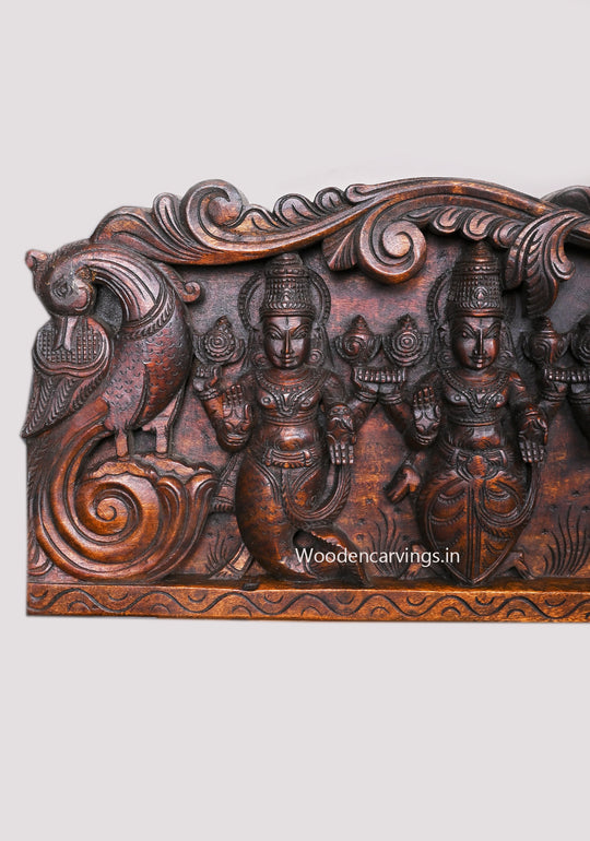 Shree Vishnu Powerful Ten Dasavatars With Standing Bird Hamsa Horizontal Wooden Wax Brown Wall Panel 59"