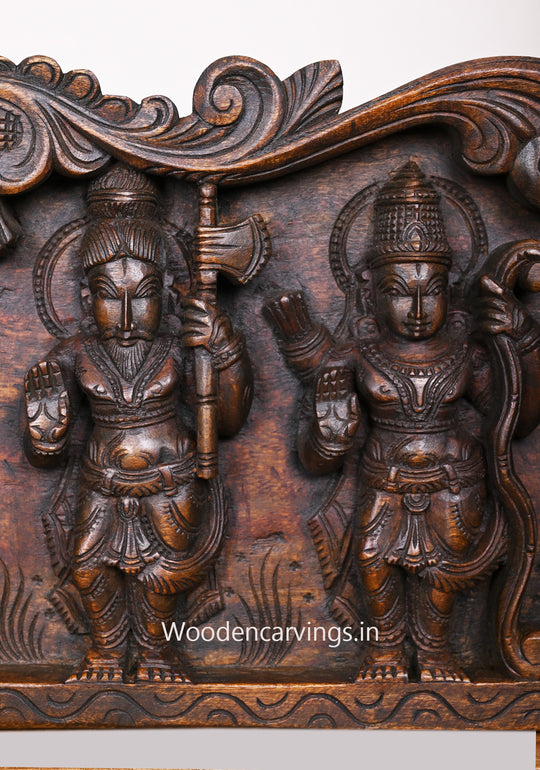 Shree Vishnu Powerful Ten Dasavatars With Standing Bird Hamsa Horizontal Wooden Wax Brown Wall Panel 59"