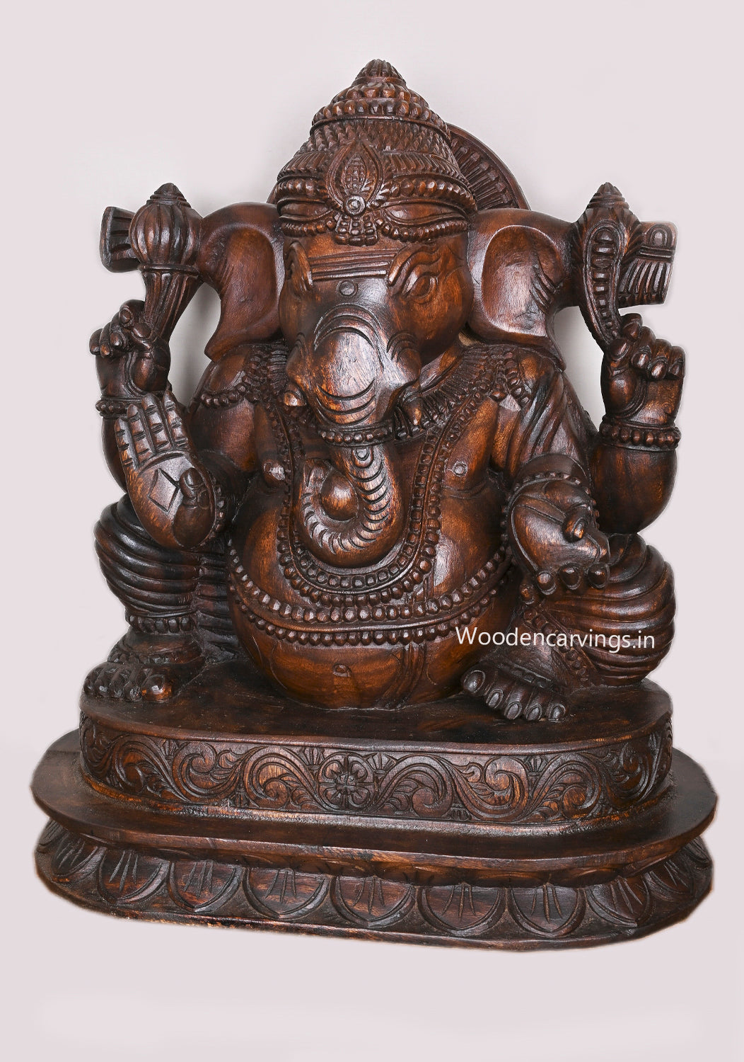 Shree Lambodara Lord Ganesh Seated on Base In Blessing Gesture Wooden Wax Brown Sculpture 27"