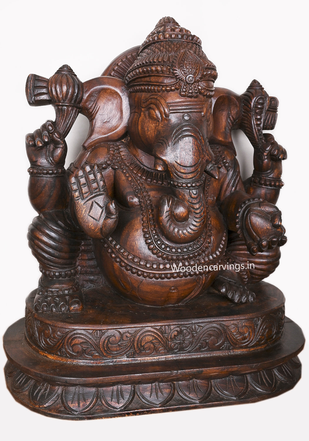 Shree Lambodara Lord Ganesh Seated on Base In Blessing Gesture Wooden Wax Brown Sculpture 27"