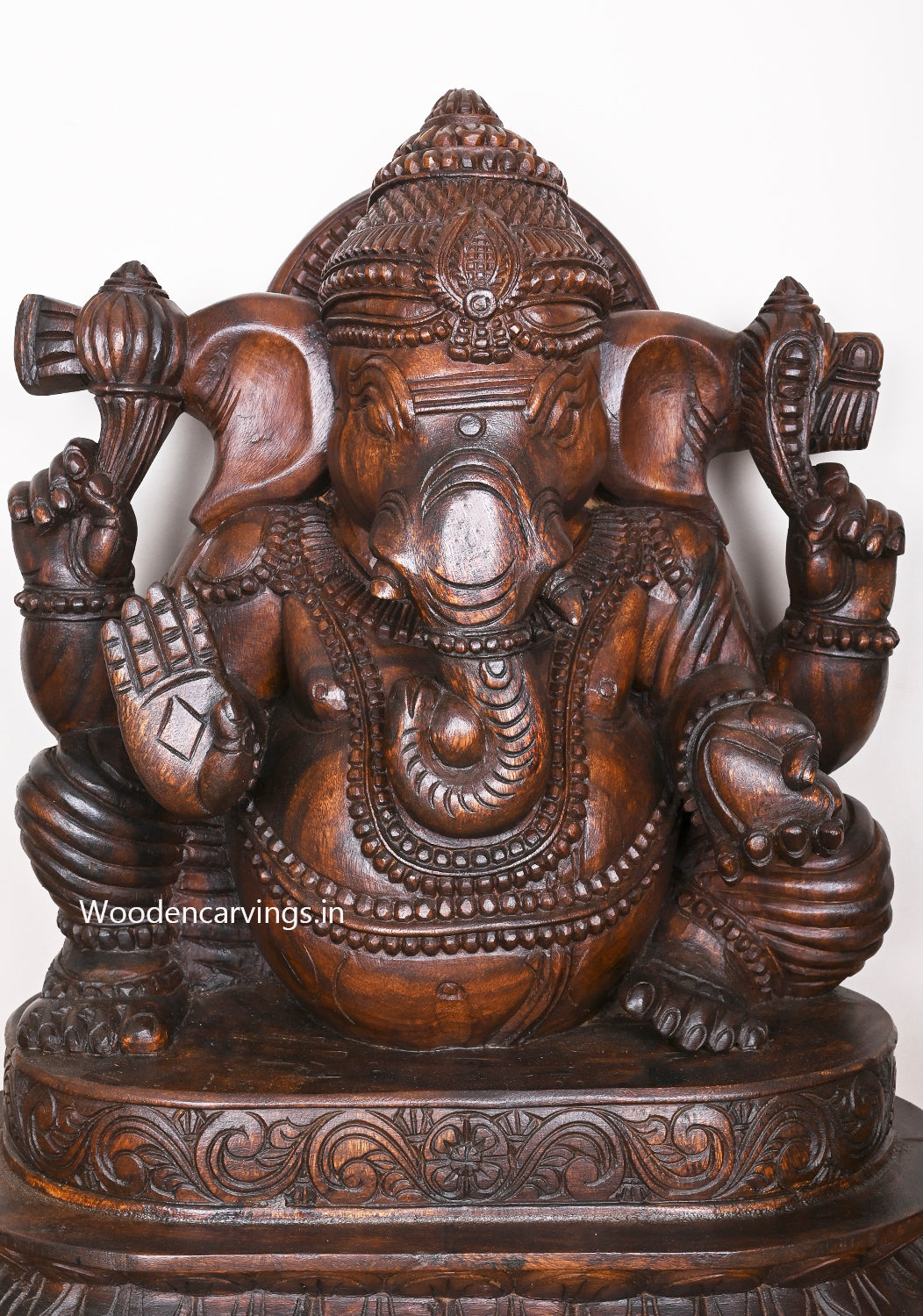 Shree Lambodara Lord Ganesh Seated on Base In Blessing Gesture Wooden Wax Brown Sculpture 27"