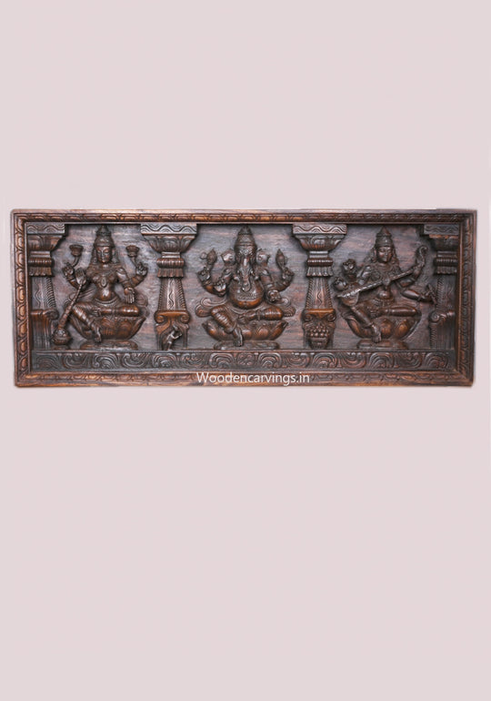 Frame Design Wall Decoration Lord Ganesh, Goddess Lakshmi and Saraswathi Horizontal Wall Panel 45"