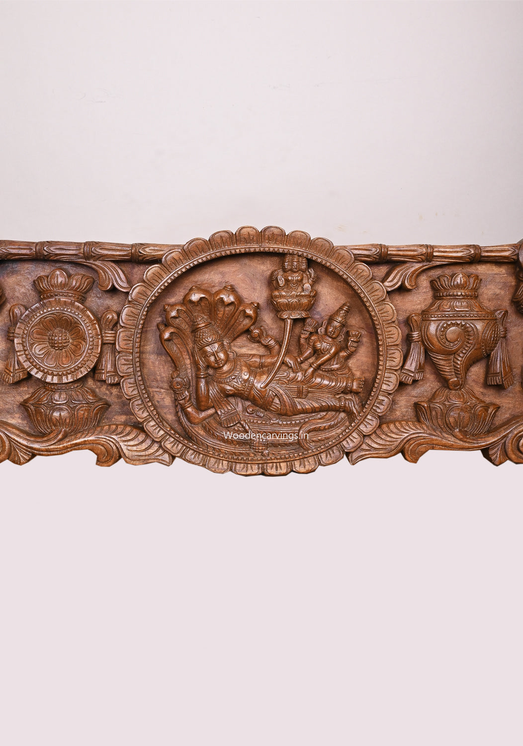 Lakshmi Narayan Shri Ranganathar Reclining on Five Head Serpent With Hanuman and Garudar Wooden Panel 47"