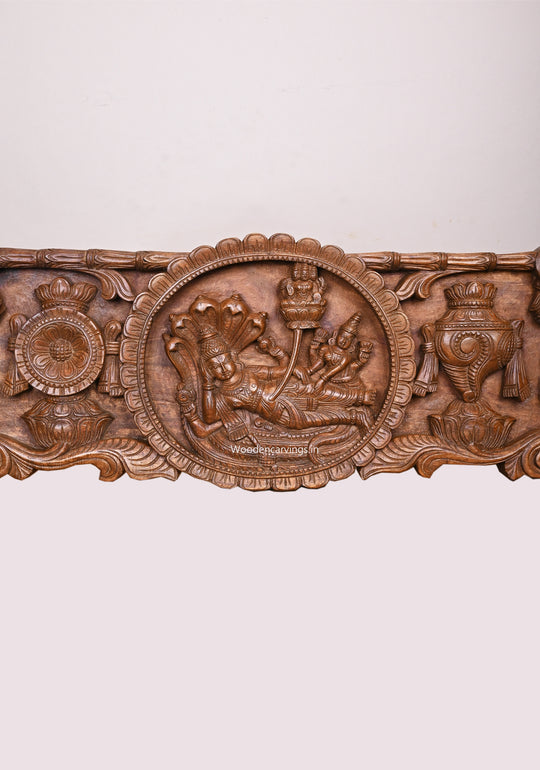 Lakshmi Narayan Shri Ranganathar Reclining on Five Head Serpent With Hanuman and Garudar Wooden Panel 47"