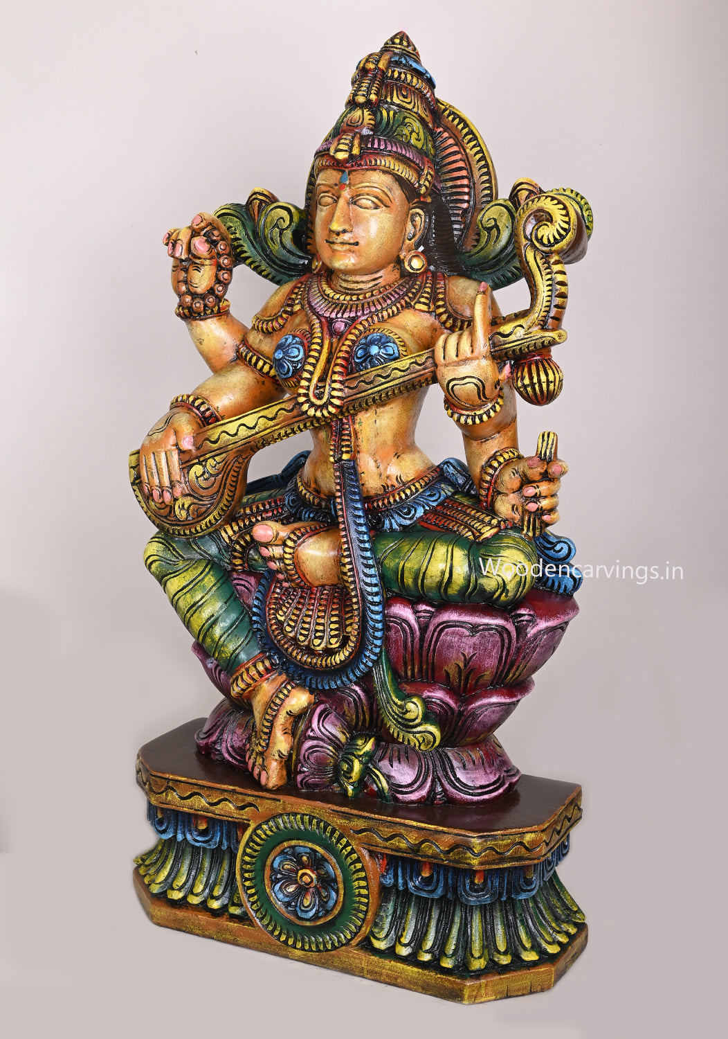 Abundance of Wealth Goddess Saraswathi Holding Veena on Double Petal Lotus Coloured Sculpture 36"