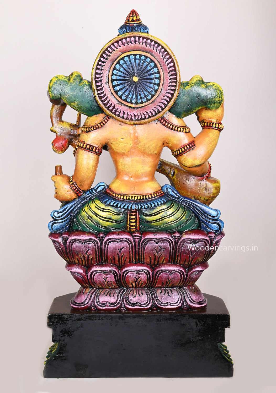 Abundance of Wealth Goddess Saraswathi Holding Veena on Double Petal Lotus Coloured Sculpture 36"