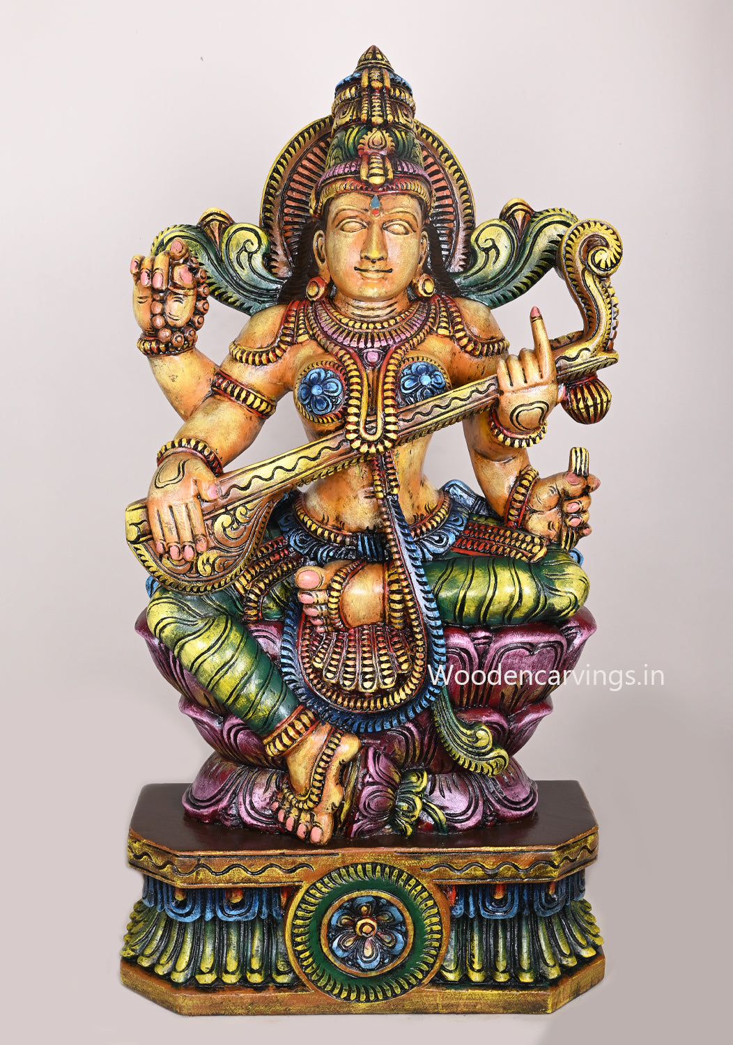 Abundance of Wealth Goddess Saraswathi Holding Veena on Double Petal Lotus Coloured Sculpture 36"