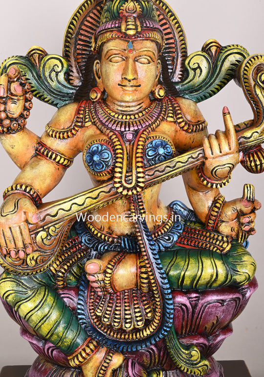 Abundance of Wealth Goddess Saraswathi Holding Veena on Double Petal Lotus Coloured Sculpture 36"