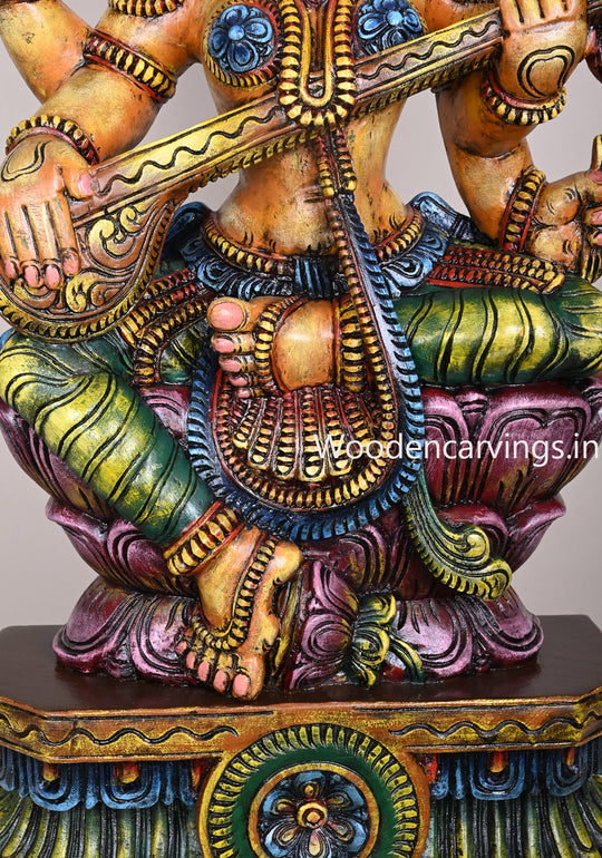 Abundance of Wealth Goddess Saraswathi Holding Veena on Double Petal Lotus Coloured Sculpture 36"