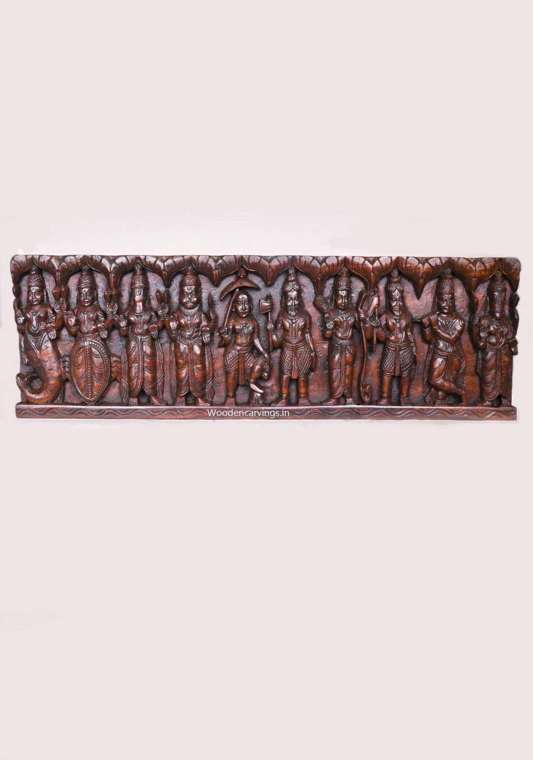 Wooden Ten Avatars of Shree Vishnu Bahawan Horizontal Hooks Fixed Wall Panel 37"