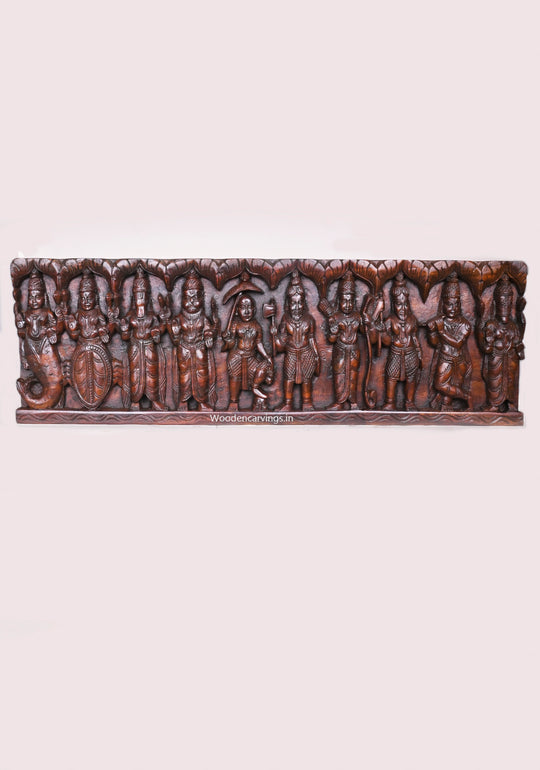 Wooden Ten Avatars of Shree Vishnu Bahawan Horizontal Hooks Fixed Wall Panel 37"