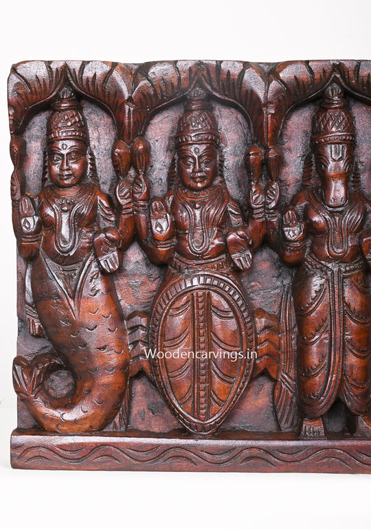 Wooden Ten Avatars of Shree Vishnu Bahawan Horizontal Hooks Fixed Wall Panel 37"