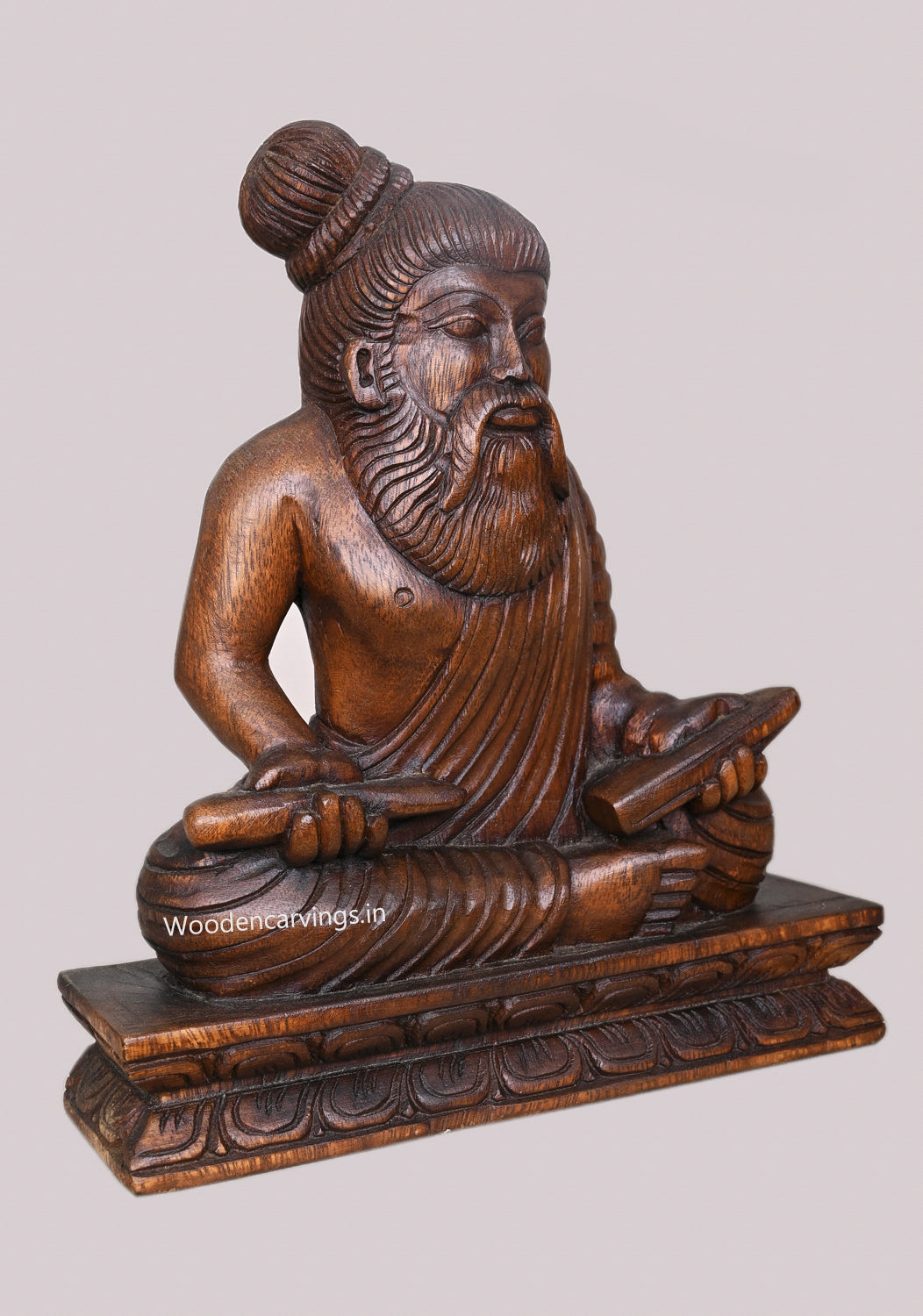 Dheivappulavar Thiruvalluvar Holding Olaichuvadi Wooden Handcrafted Showpiece Wax Brown Sculpture 11.5"