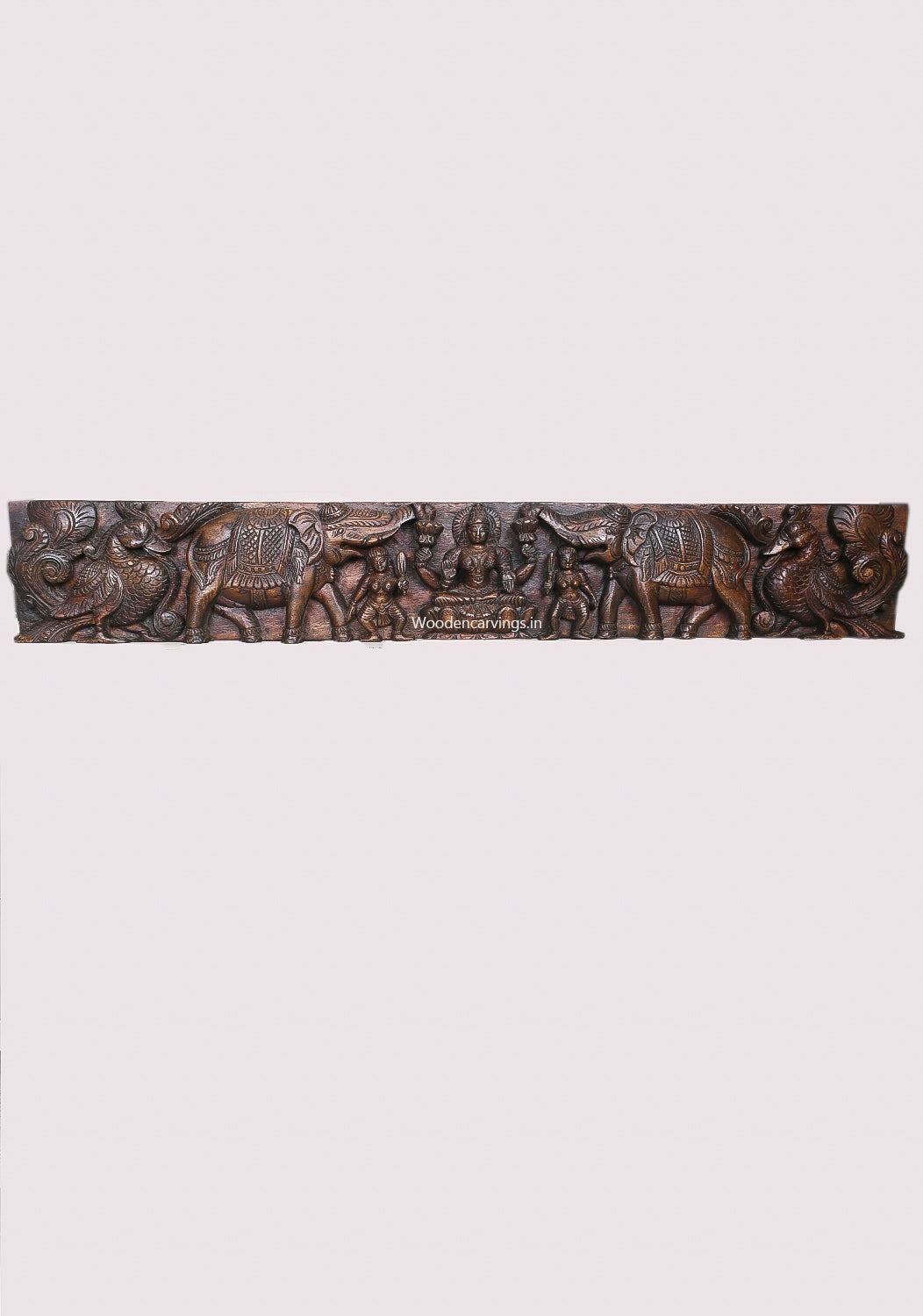 Gaja Lakshmi With Gaja (Elephants) and Standing Bird Hamsa (Annapakshi) Wooden Horizontal Panel 45.5"