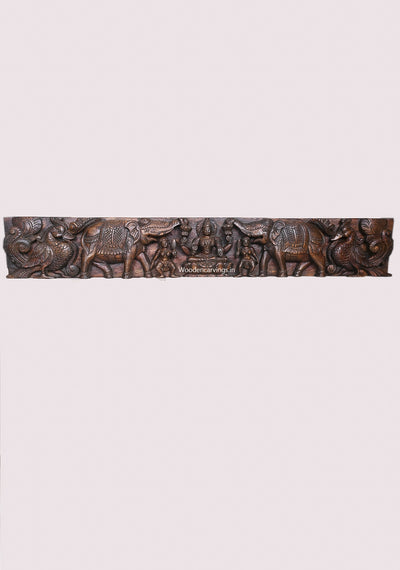 Gaja Lakshmi With Gaja (Elephants) and Standing Bird Hamsa (Annapakshi) Wooden Horizontal Panel 45.5"