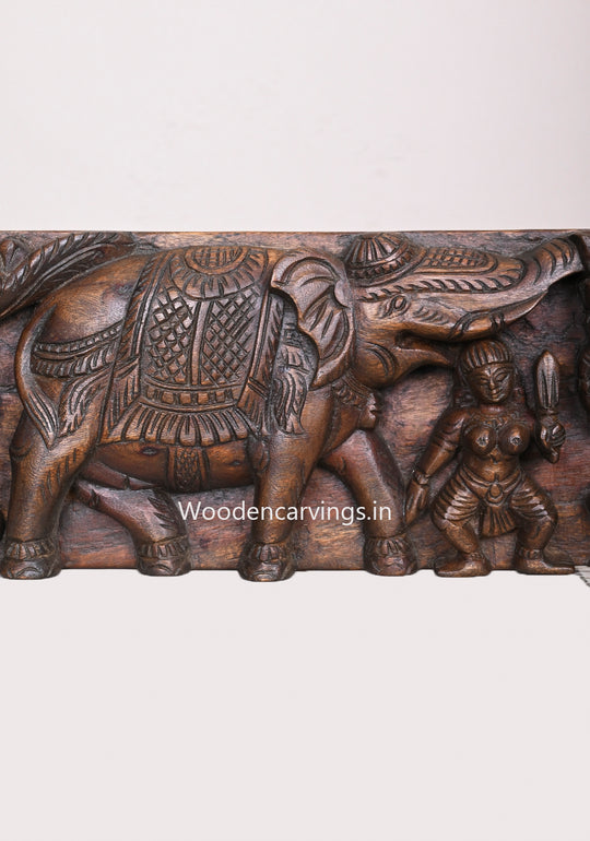 Gaja Lakshmi With Gaja (Elephants) and Standing Bird Hamsa (Annapakshi) Wooden Horizontal Panel 45.5"