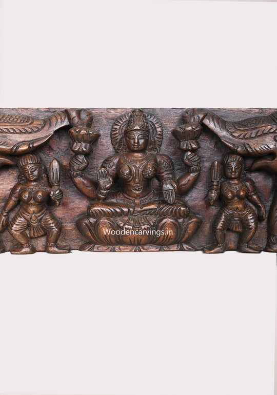 Gaja Lakshmi With Gaja (Elephants) and Standing Bird Hamsa (Annapakshi) Wooden Horizontal Panel 45.5"