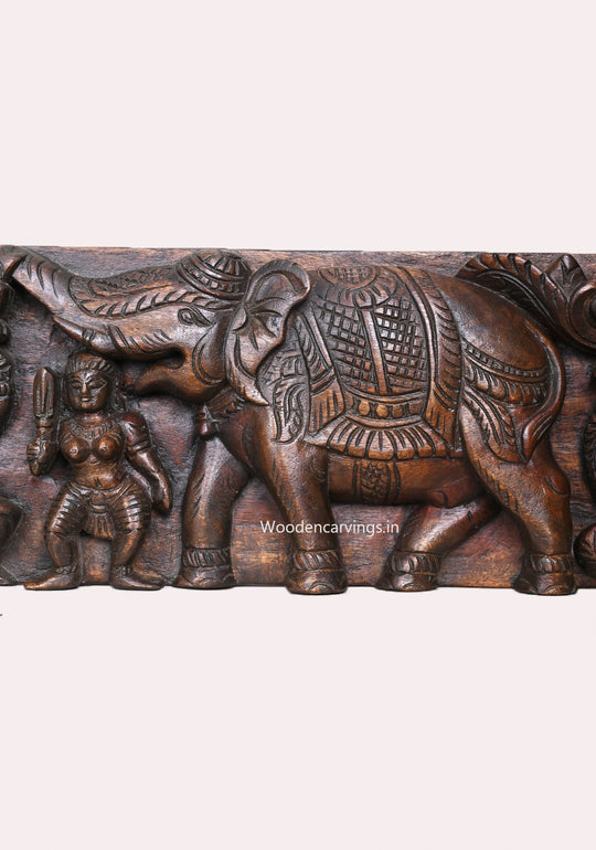 Gaja Lakshmi With Gaja (Elephants) and Standing Bird Hamsa (Annapakshi) Wooden Horizontal Panel 45.5"