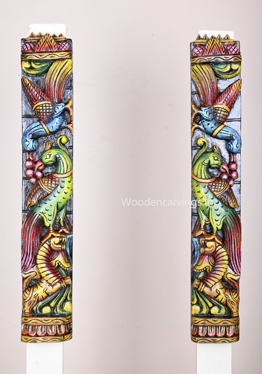 Hanging Pair Light Weight Colourful Parrots For Wall Decorations Handcrafted Wooden Vertical Wall Mount 24"