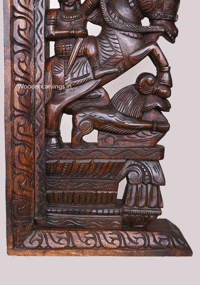 Man Riding On Horse Upraised Legs on simha (Lion) Wooden Wax Brown Wall Hanging Wall Mount 23"
