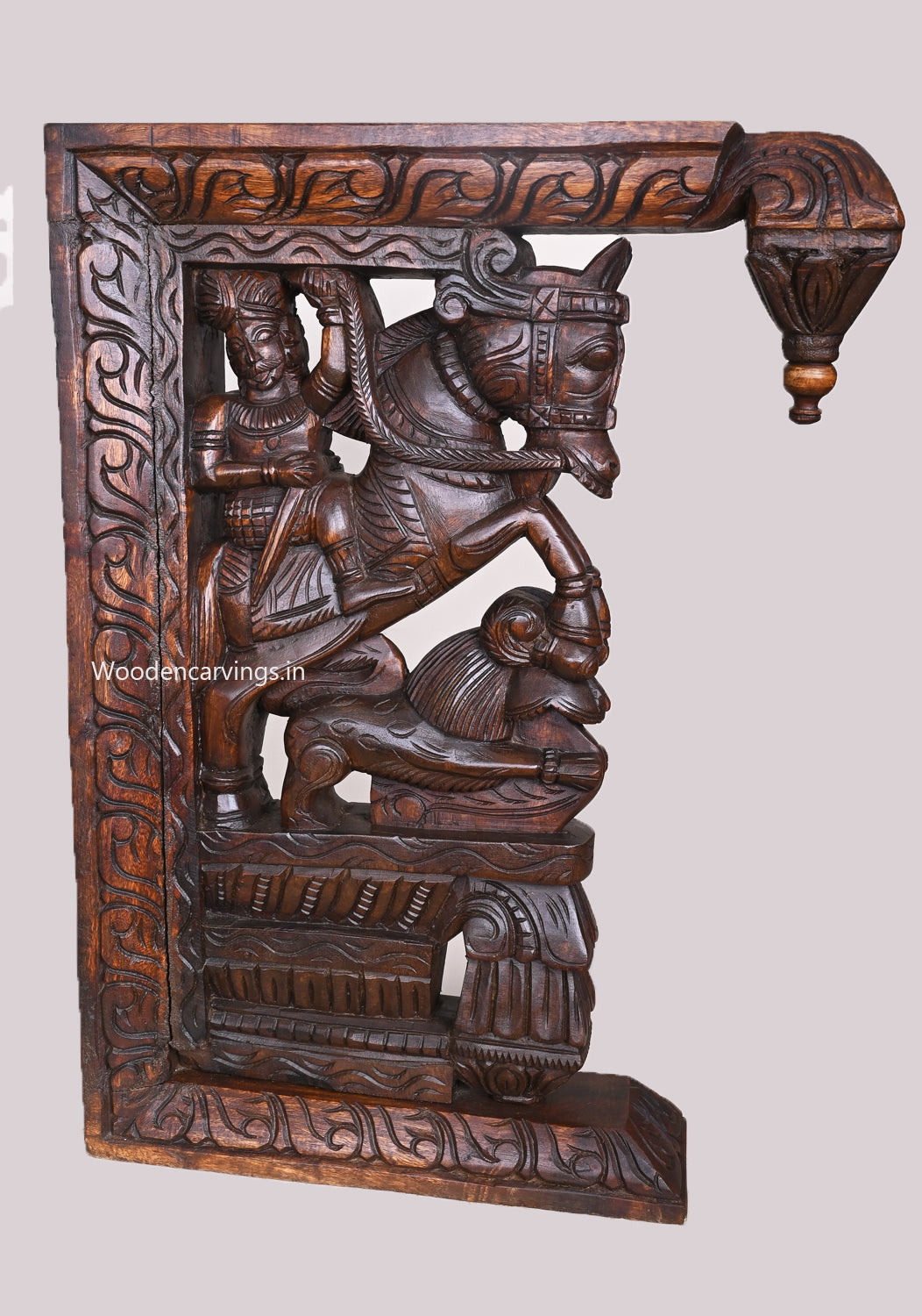 Man Riding On Horse Upraised Legs on simha (Lion) Wooden Wax Brown Wall Hanging Wall Mount 23"
