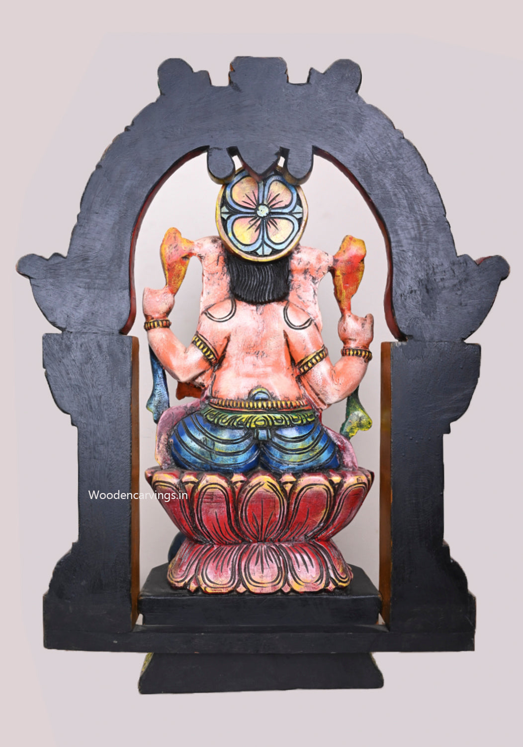 Arch With Base Wooden Colourful Muthi Ganapathy on Lotus Detaily Handcrafted Wooden Sculpture 28"