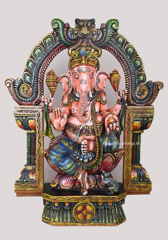 Arch With Base Wooden Colourful Muthi Ganapathy on Lotus Detaily Handcrafted Wooden Sculpture 28"