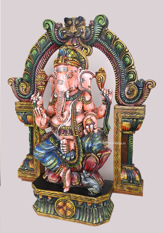 Arch With Base Wooden Colourful Muthi Ganapathy on Lotus Detaily Handcrafted Wooden Sculpture 28"