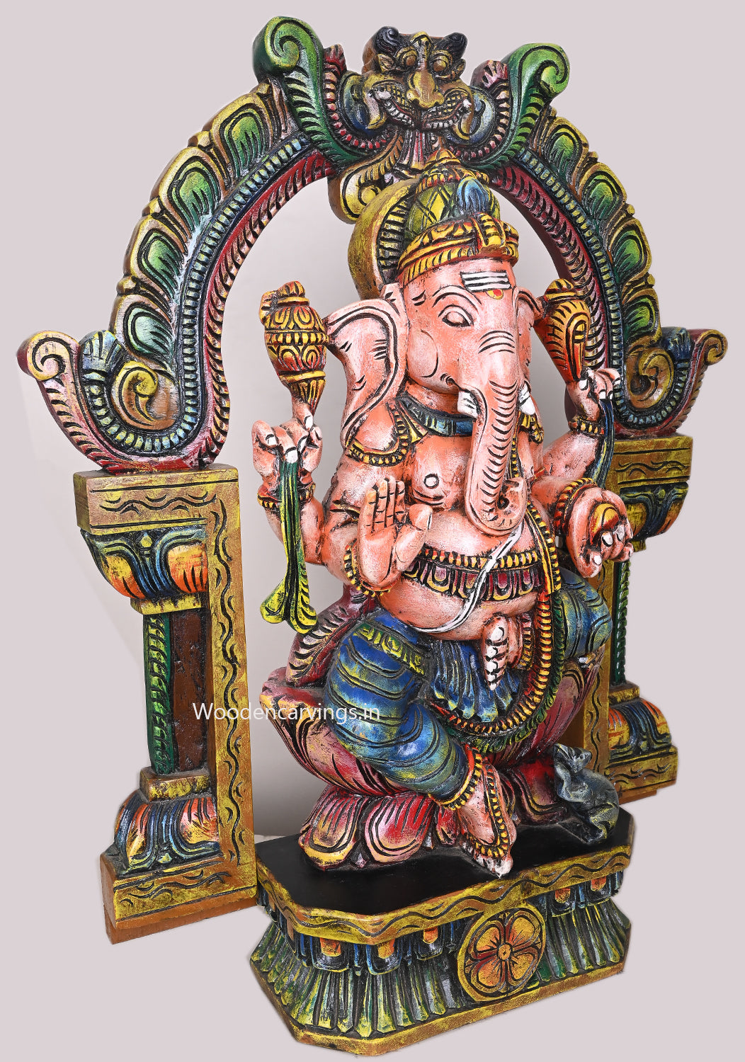 Arch With Base Wooden Colourful Muthi Ganapathy on Lotus Detaily Handcrafted Wooden Sculpture 28"