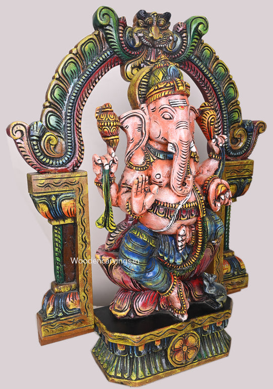 Arch With Base Wooden Colourful Muthi Ganapathy on Lotus Detaily Handcrafted Wooden Sculpture 28"