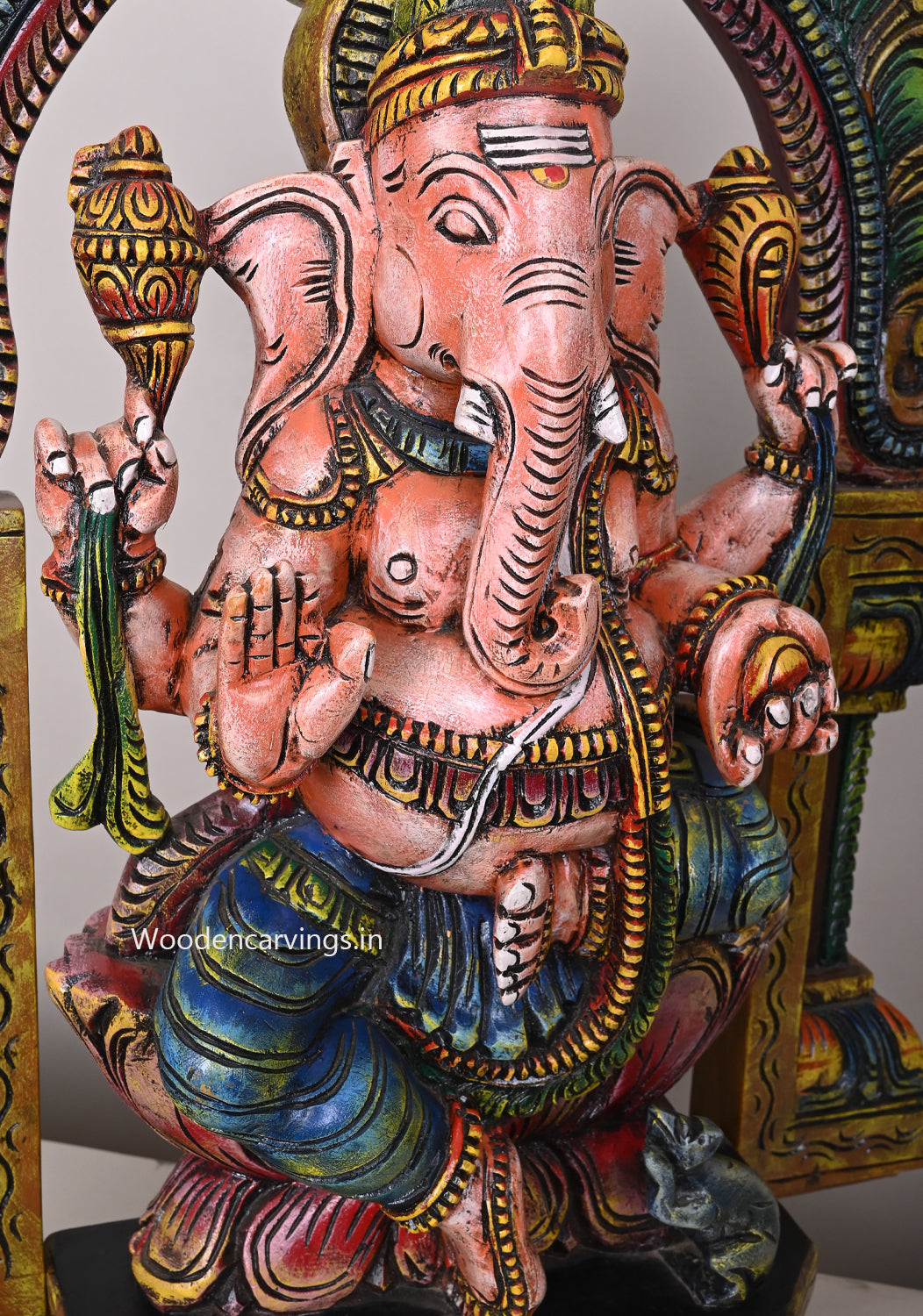 Arch With Base Wooden Colourful Muthi Ganapathy on Lotus Detaily Handcrafted Wooden Sculpture 28"