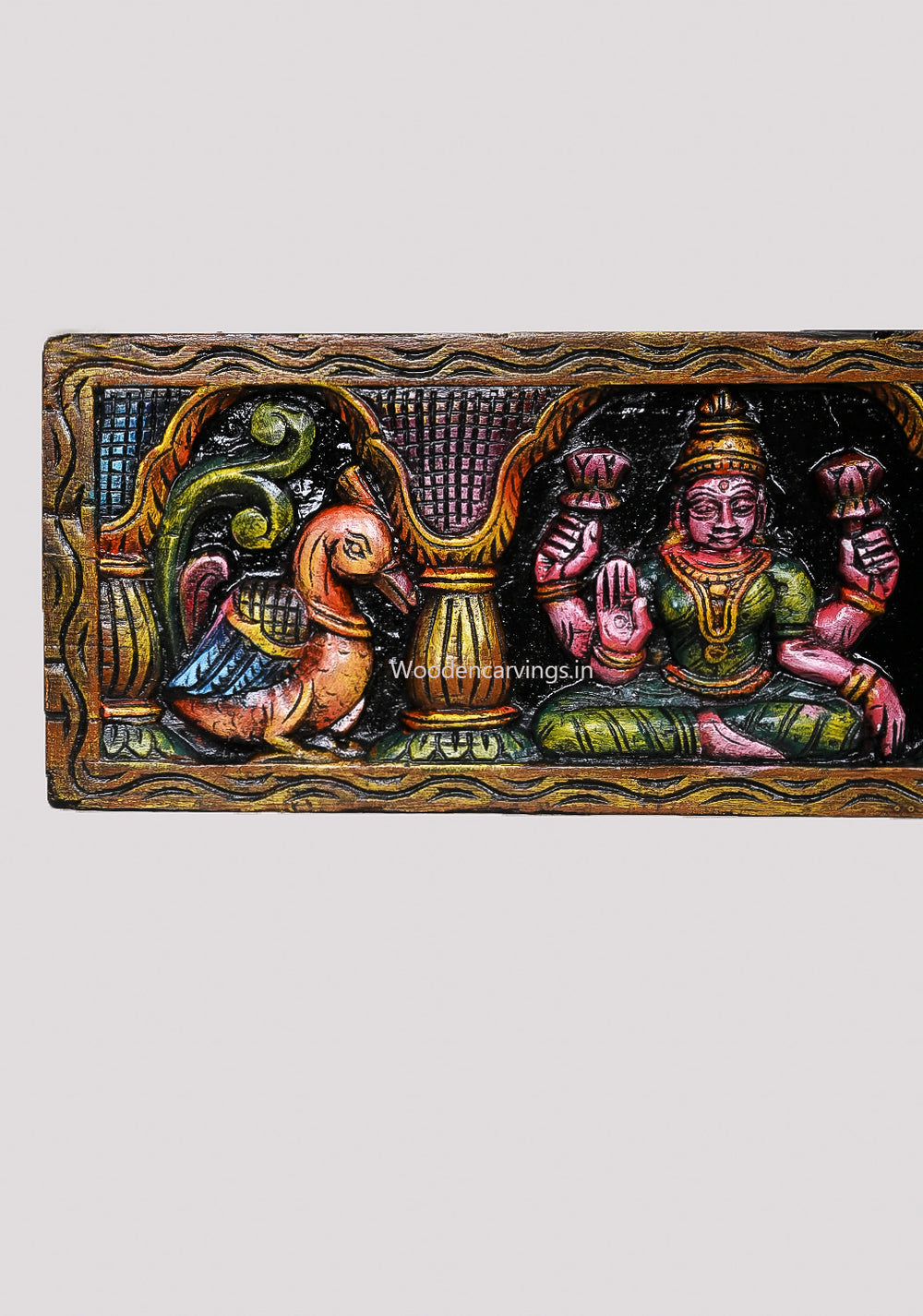 Mandap Pillar Design Ganesh, Lakshmi, Saraswathi With Standing Hamsa Bird Colouored Wall Panel 31"