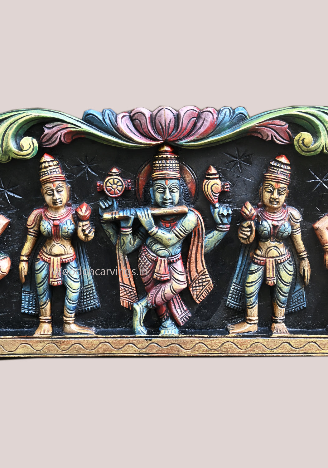 Horizontal Venugopal Fluting Krishna With Musical Sevagis Coloured Floral Design Panel 35"