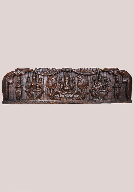 Leaf Design Beautiful Ganesha Murthi With Goddess Lakshmi and Saraswathi Horizontal Panel 43"