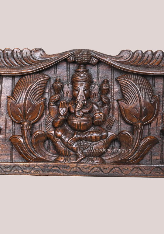 Leaf Design Beautiful Ganesha Murthi With Goddess Lakshmi and Saraswathi Horizontal Panel 43"