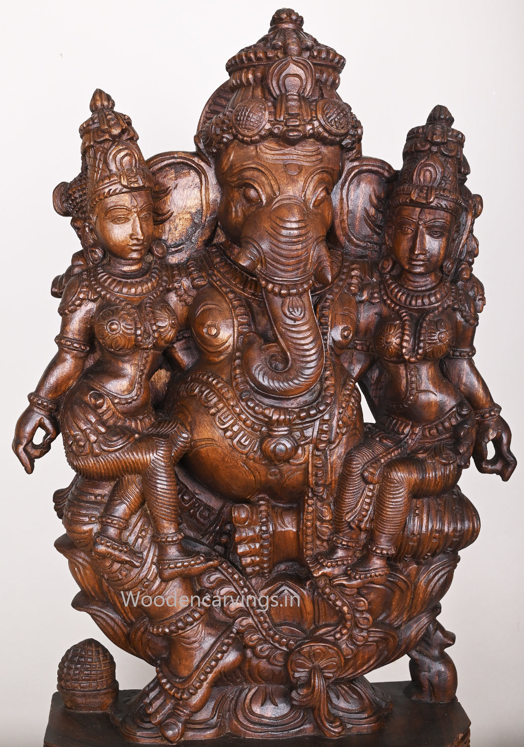 Hindu Deity of Lord Ganesh With His Two Consorts Buddhi and Siddhi Handcrafted Sculpture 35.5"