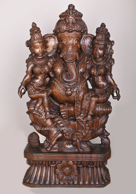 Hindu Deity of Lord Ganesh With His Two Consorts Buddhi and Siddhi Handcrafted Sculpture 35.5"