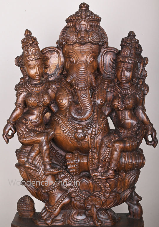 Hindu Deity of Lord Ganesh With His Two Consorts Buddhi and Siddhi Handcrafted Sculpture 35.5"