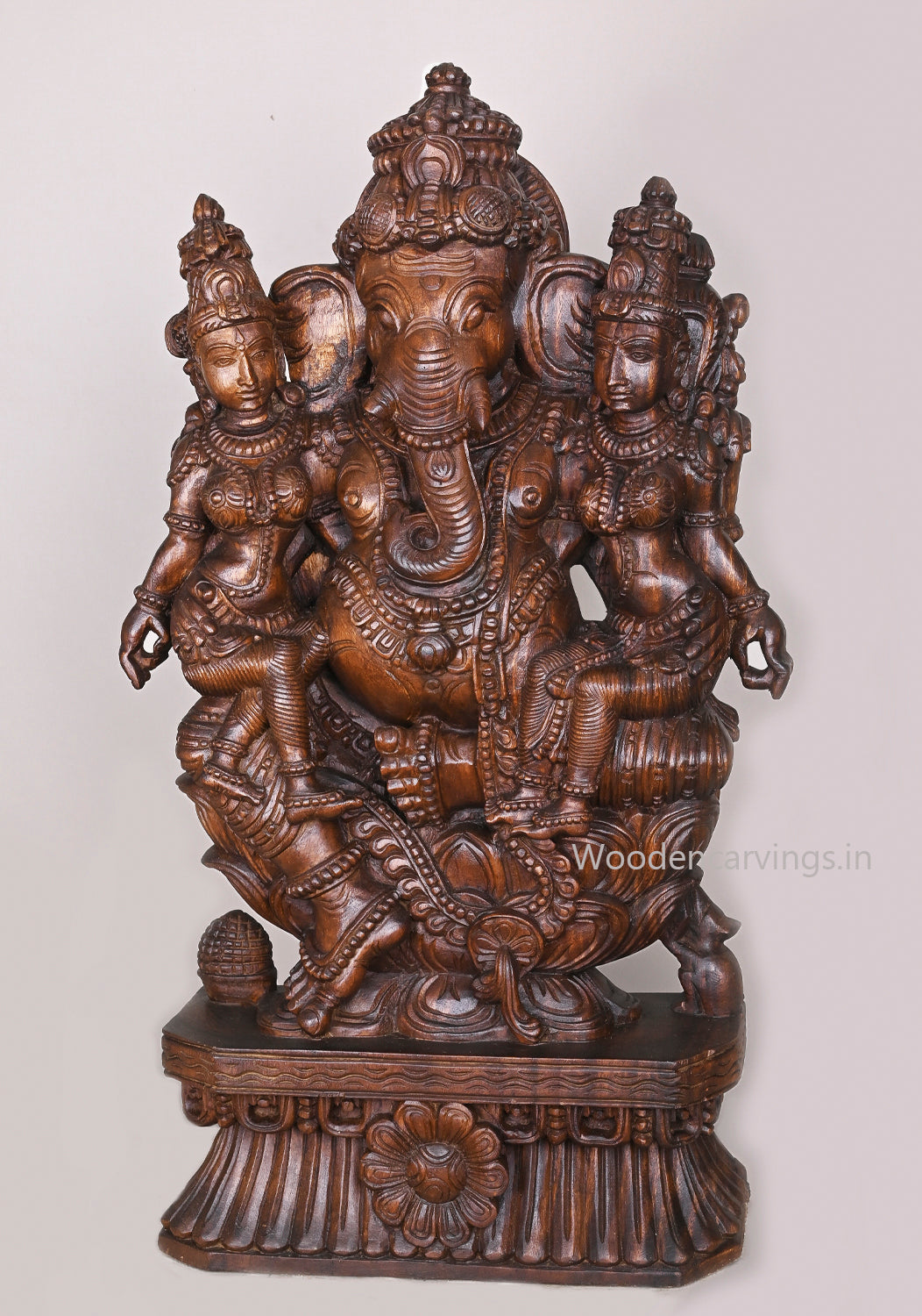 Hindu Deity of Lord Ganesh With His Two Consorts Buddhi and Siddhi Handcrafted Sculpture 35.5"