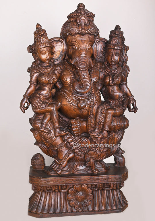 Hindu Deity of Lord Ganesh With His Two Consorts Buddhi and Siddhi Handcrafted Sculpture 35.5"